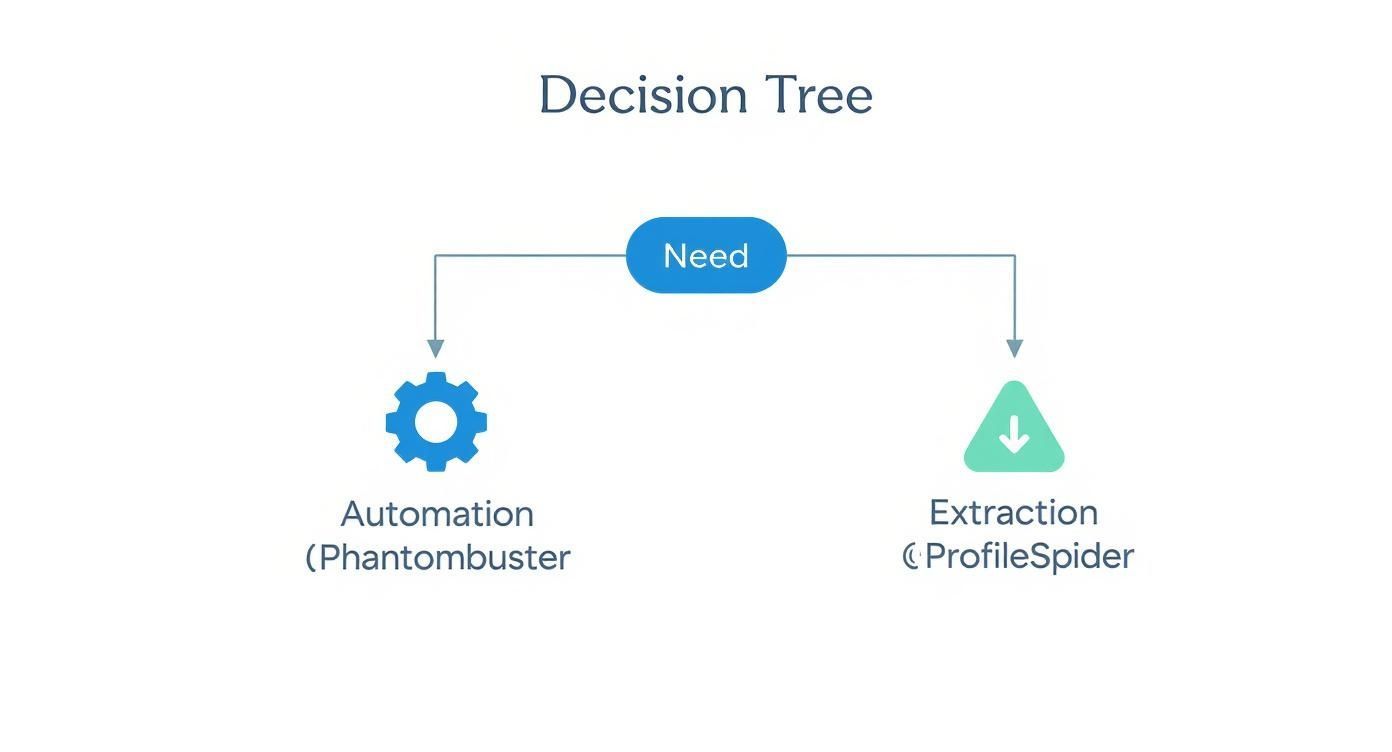 Infographic decision tree showing the choice between Phantombuster for automation and ProfileSpider for extraction.