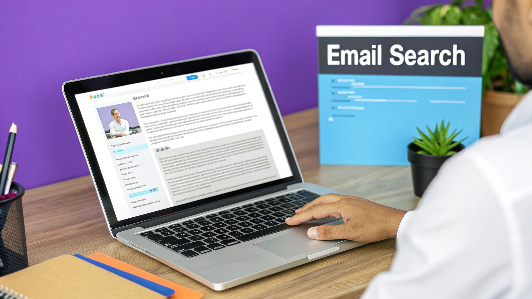 A professional woman working on her laptop, focused on finding contacts on LinkedIn.