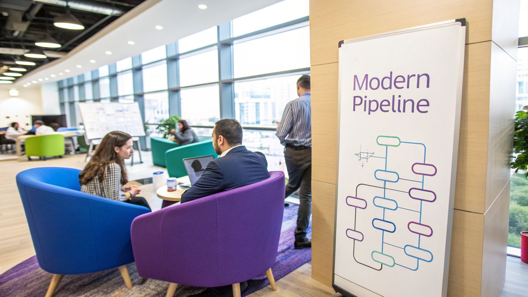 A team of sales professionals collaborating around a screen displaying pipeline charts and data.