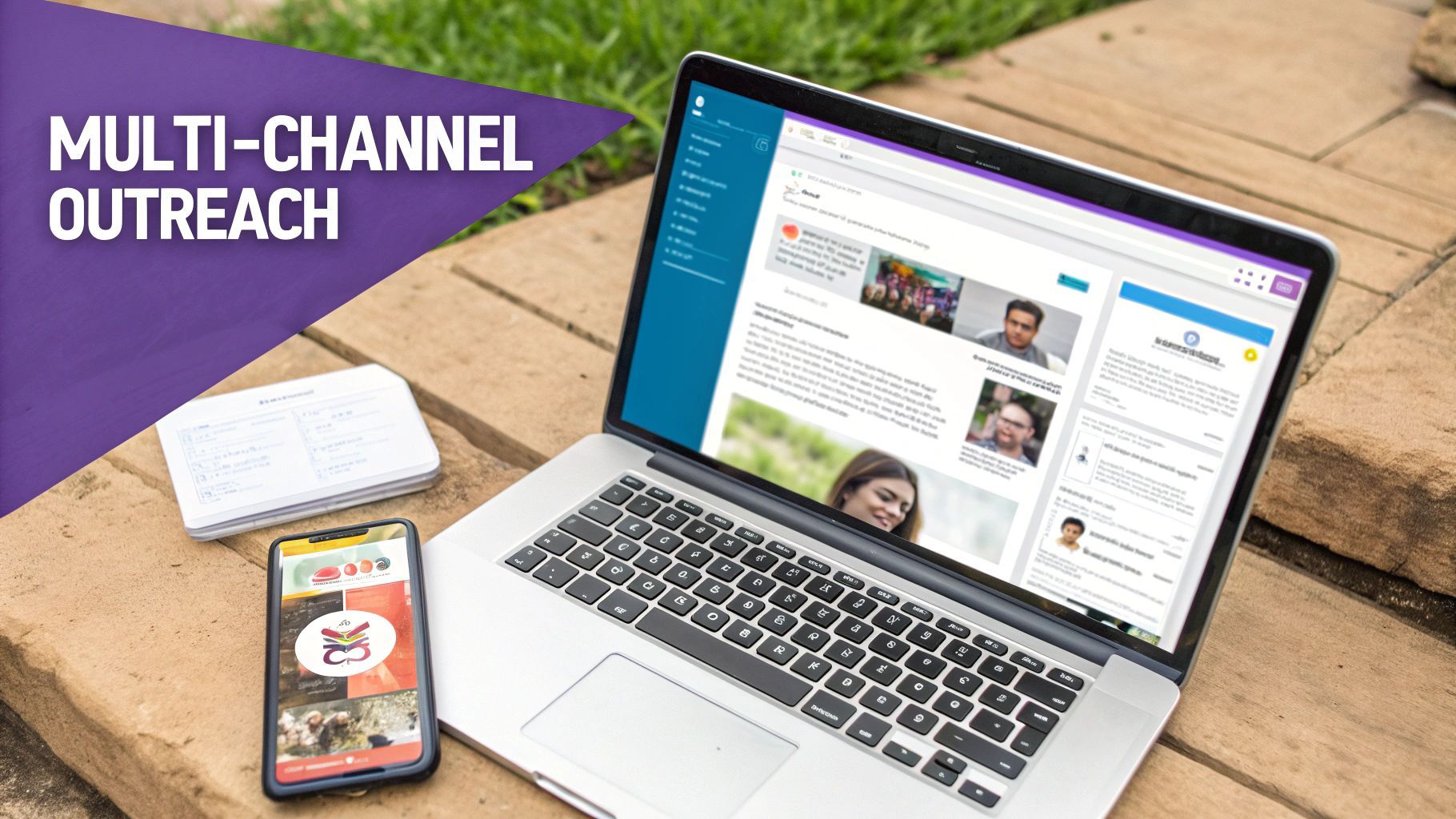 A person using a laptop to manage an automated outreach workflow with various icons representing different marketing channels.