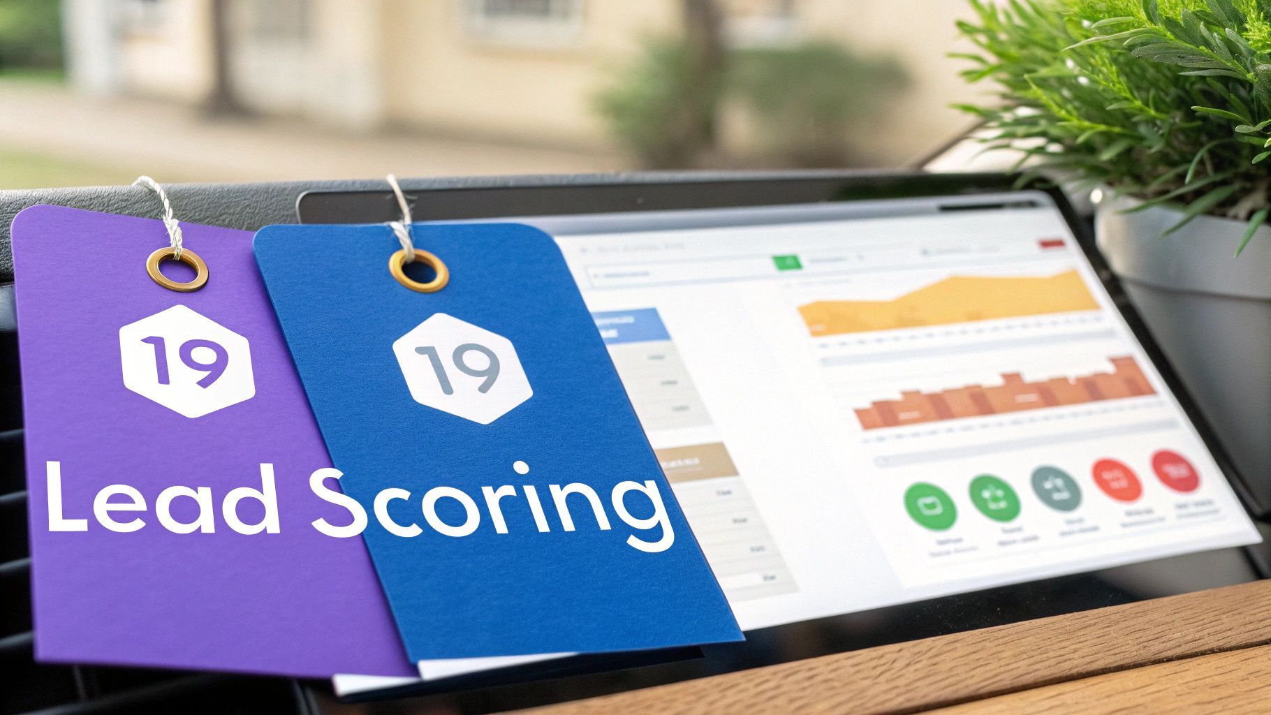A stylized graphic showing a contact profile being assigned a score with a star rating.