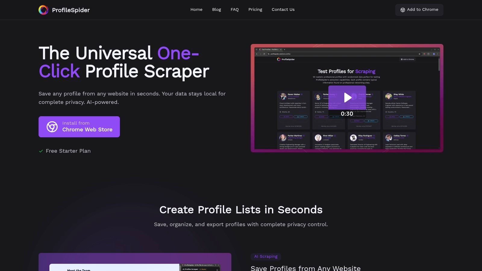 ProfileSpider user interface showing extracted professional profiles from a webpage