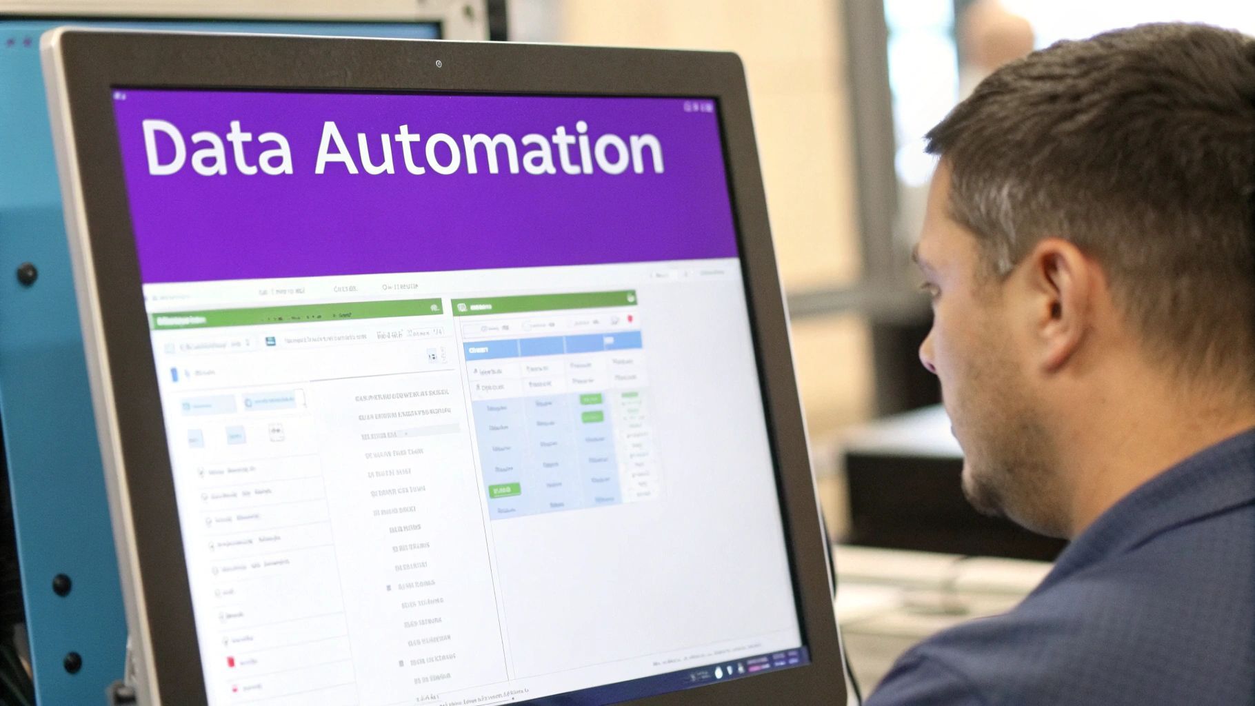 A professional desk with a laptop open to LinkedIn, showing the ProfileSpider extension icon highlighted, suggesting a one-click action.