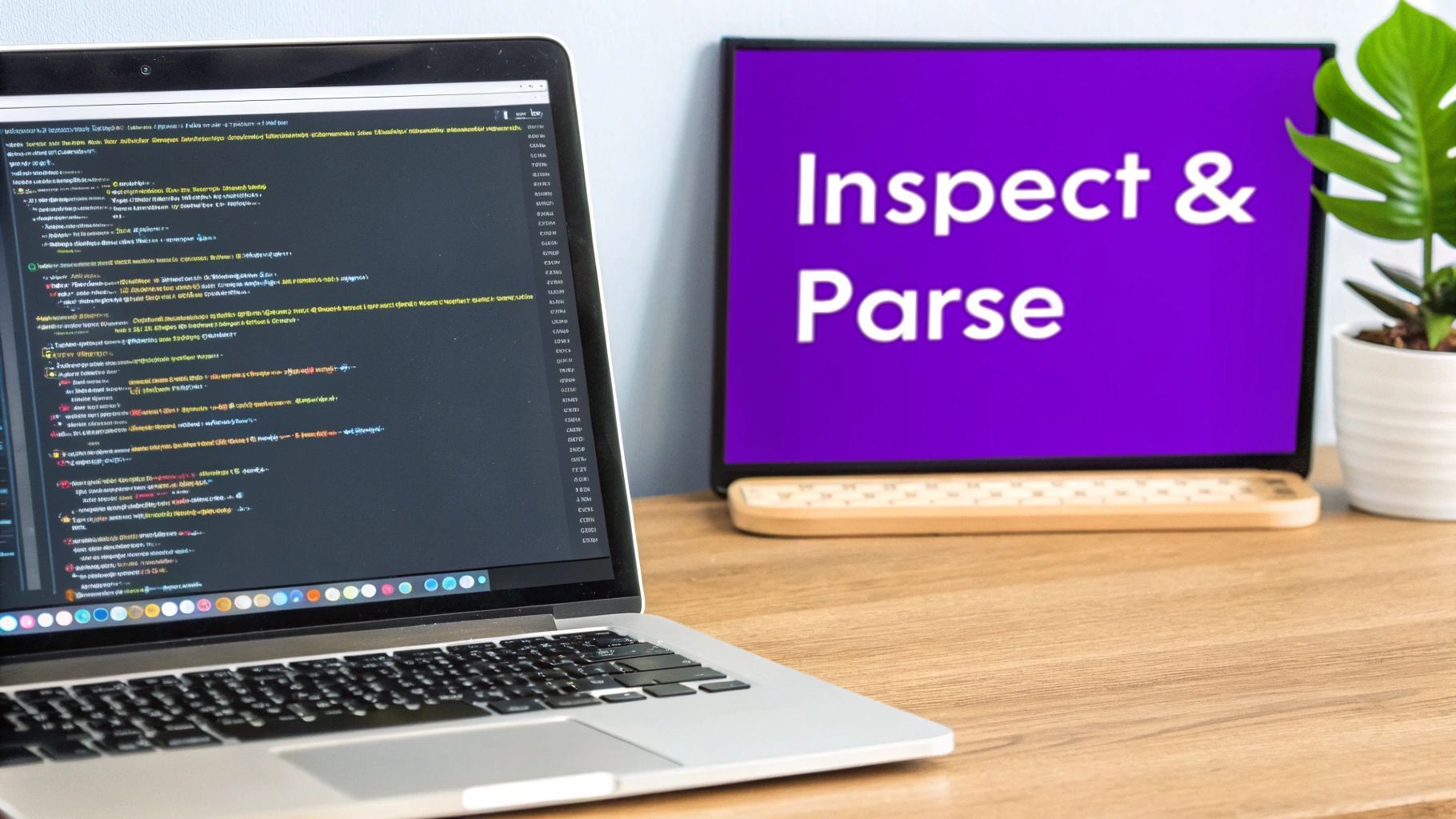 A magnifying glass hovering over lines of code on a computer screen, representing the process of inspecting website HTML.