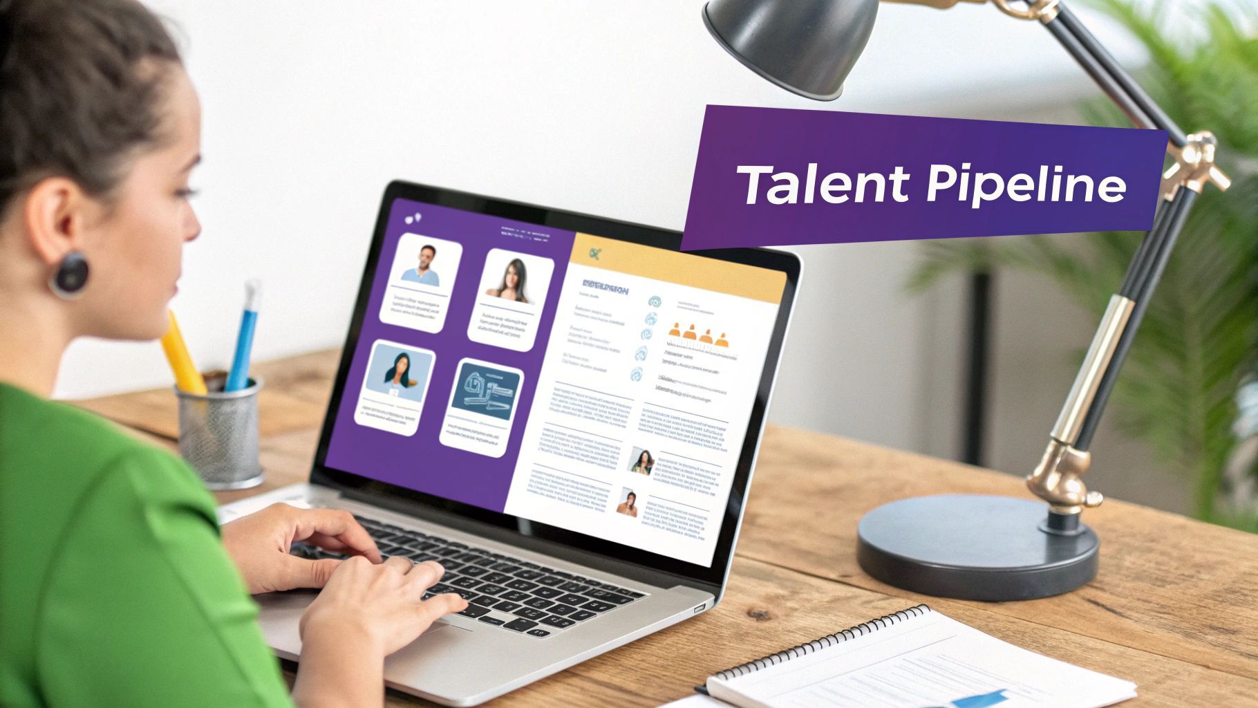 A recruiter looking at a laptop screen showing multiple professional profiles