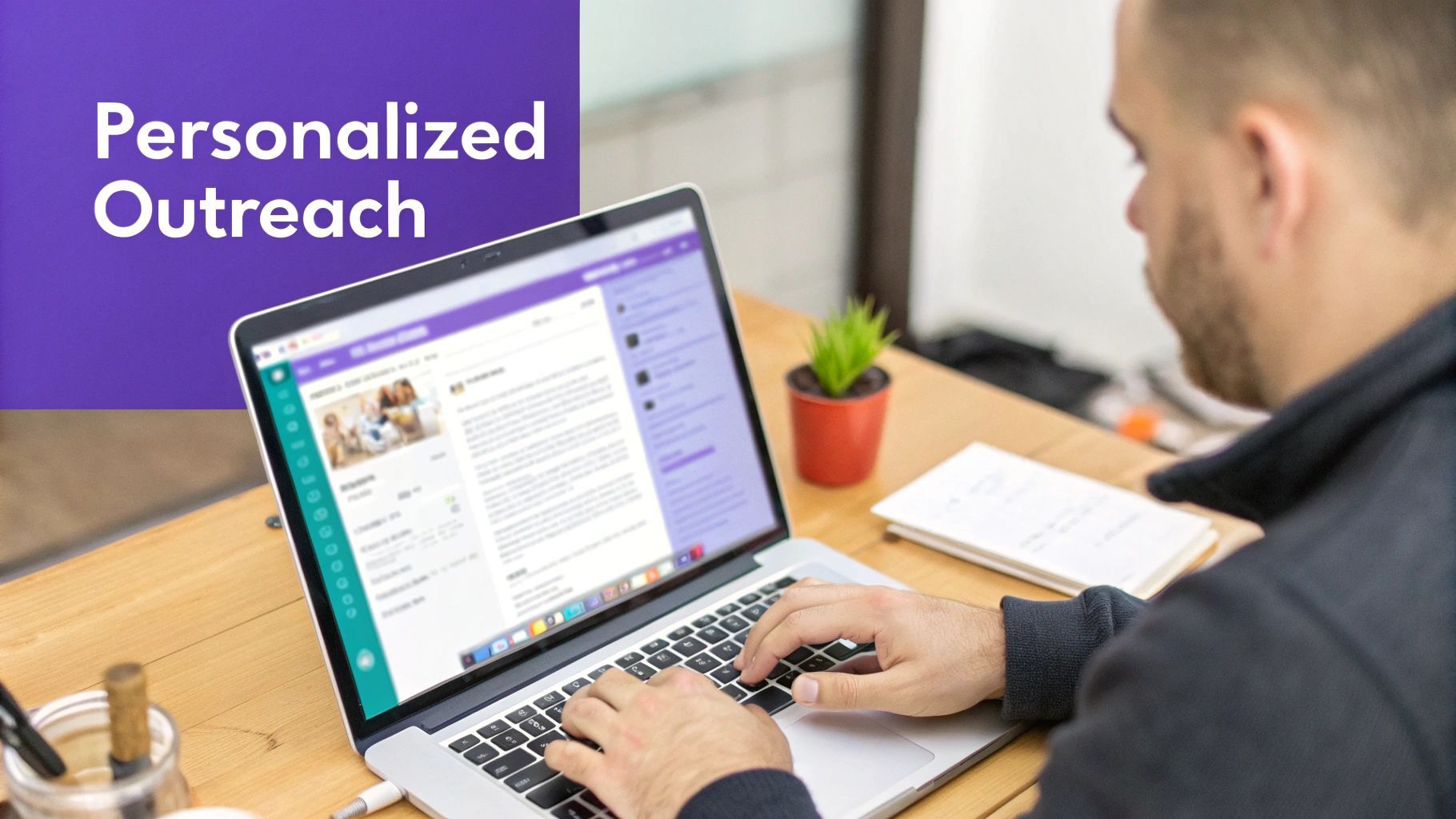 A recruiter crafting a personalized outreach message on a laptop