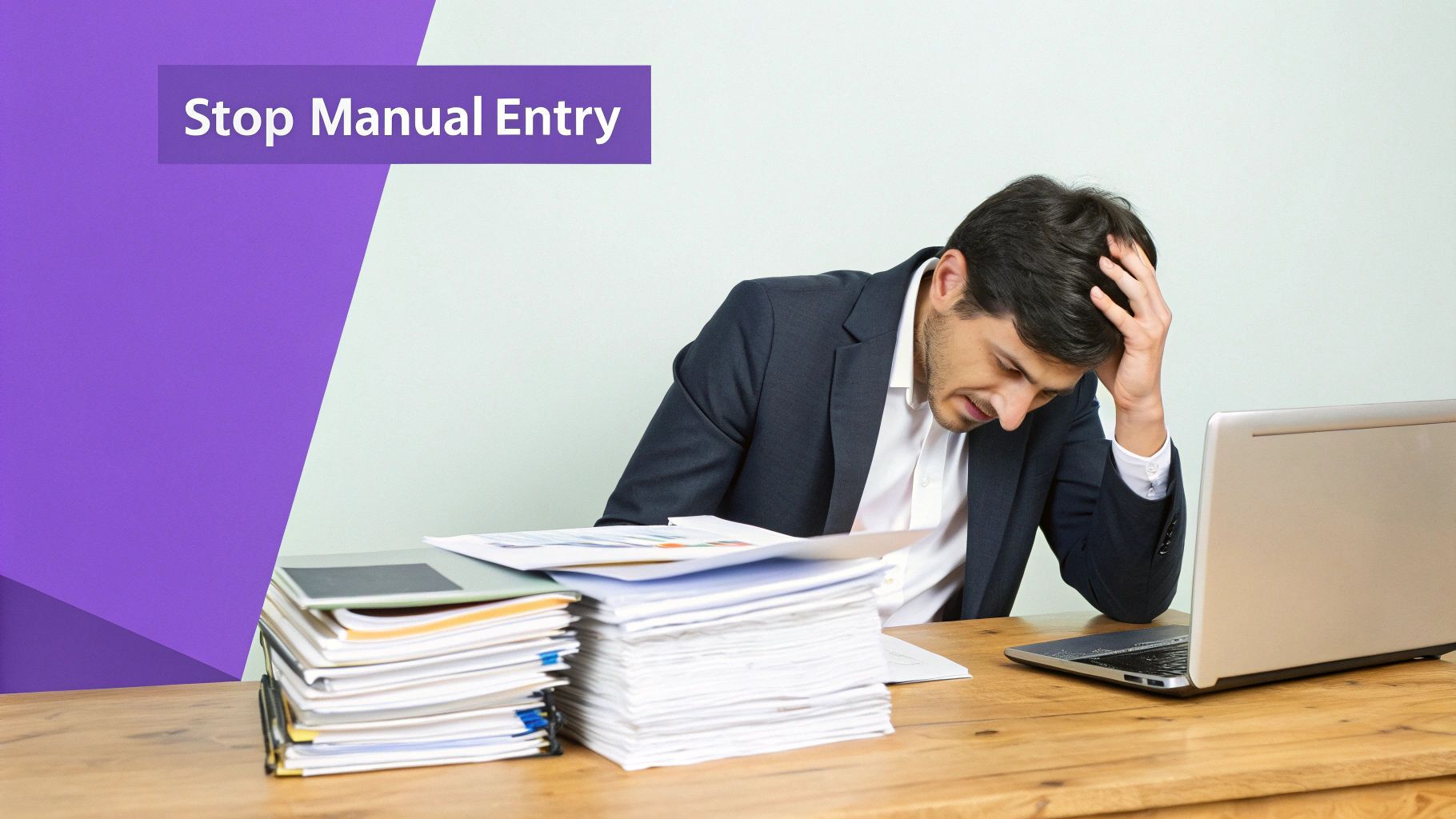 A professional working on a laptop, looking frustrated with a spreadsheet open on the screen, symbolizing the inefficiency of manual contact saving.