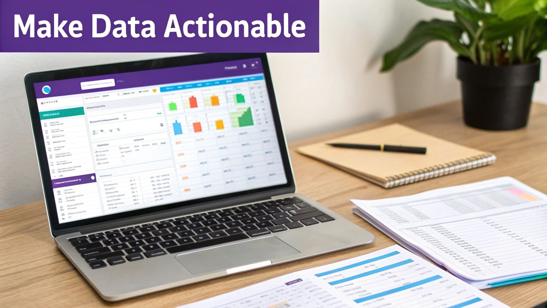 A marketer organizing a digital contact list on a tablet, with CRM integration icons in the background.