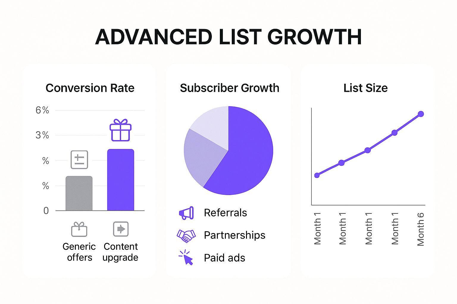Infographic visualizing three key metrics for advanced list growth, including conversion rates of generic offers vs. content upgrades and subscriber growth sources.