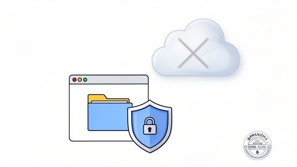 Illustration of secure local file storage with a shield and padlock, preventing data upload to a crossed-out cloud.