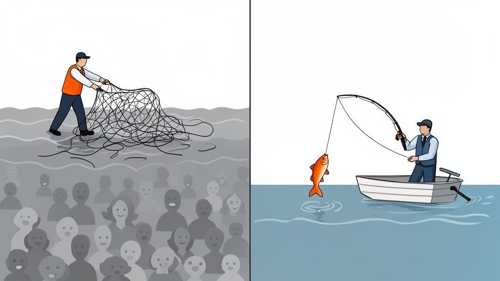 Two scenes contrasting sales approaches: one man uses a broad net, another fishes precisely with a rod.