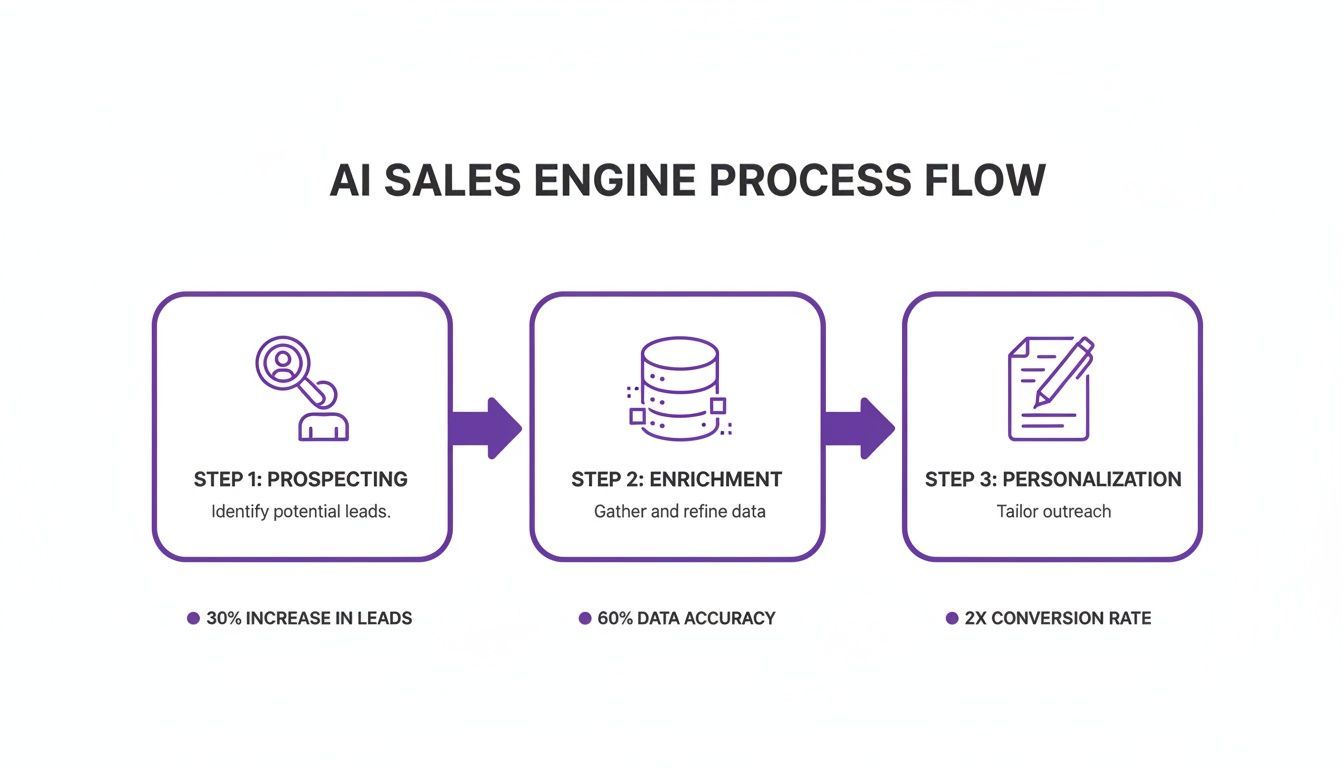 AI sales engine process flow diagram with steps for prospecting, data enrichment, and personalization, showing performance metrics.