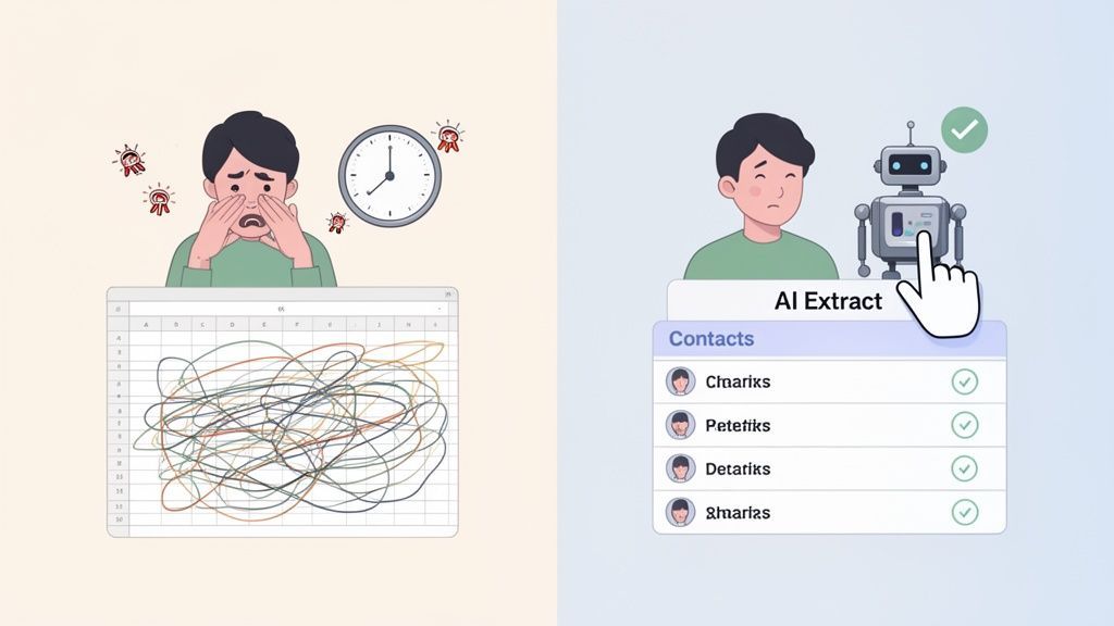 An unhappy person struggling with messy spreadsheet data, contrasted with a happy person using AI for efficient contact extraction.