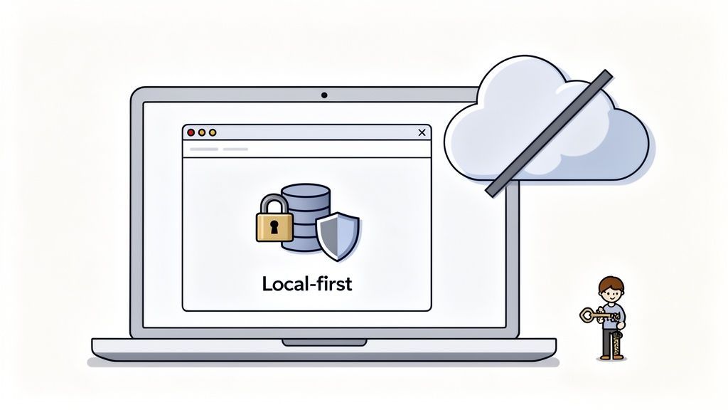 A laptop displays 'Local-first' data management with security icons, a user holds a key, and no cloud.