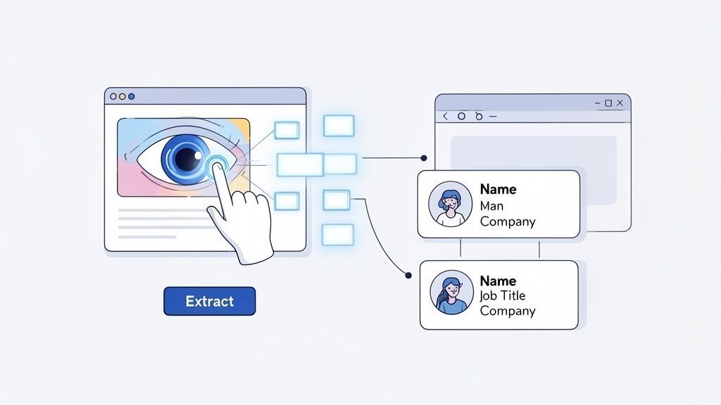 A hand interacts with a browser, using an eye icon to extract data into profiles.