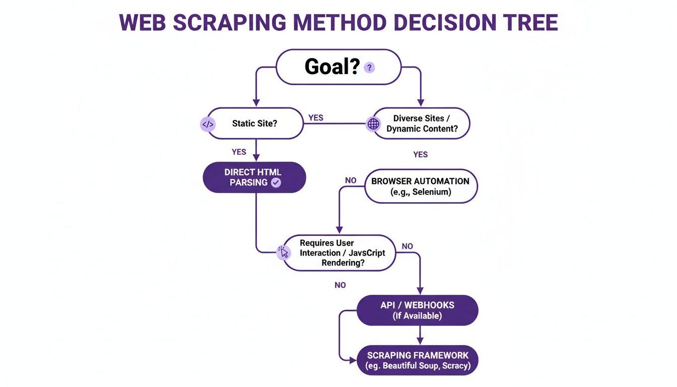 Decision tree flowchart illustrating various web scraping methods based on site characteristics and content type.