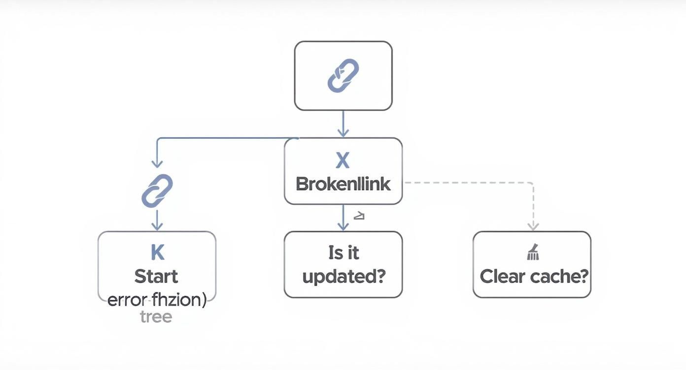 A flowchart diagram illustrating a process flow, including steps like checking for broken links, updates, and clearing cache.