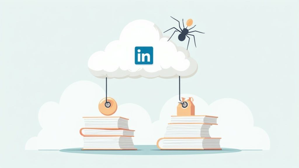 A spider on a cloud with the LinkedIn logo extracts data from stacks of books.