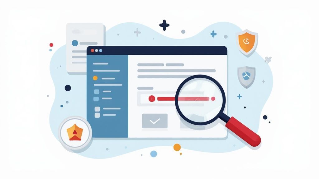 Illustration of a browser window being scanned with a magnifying glass, showing a progress bar and security icons.