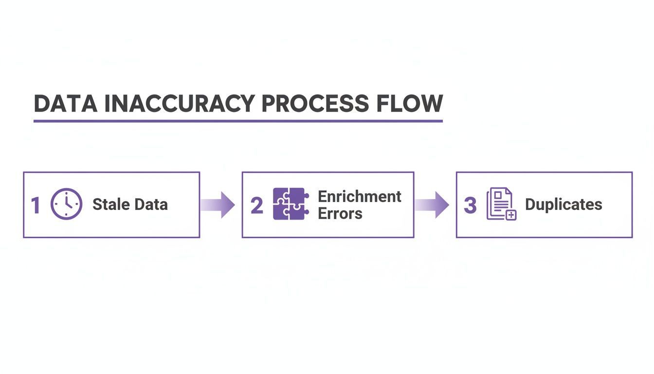A process flow diagram outlining common data inaccuracy problems: stale data, enrichment errors, and duplicates.