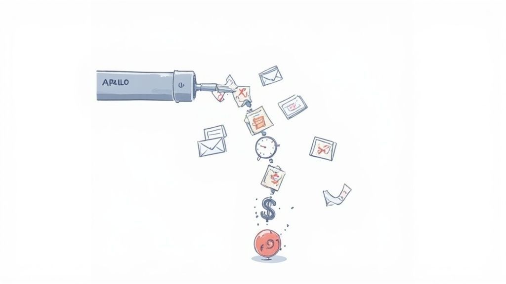 An Apollo machine processes envelopes, documents with 'X' marks, and a clock, generating money and a red sphere.