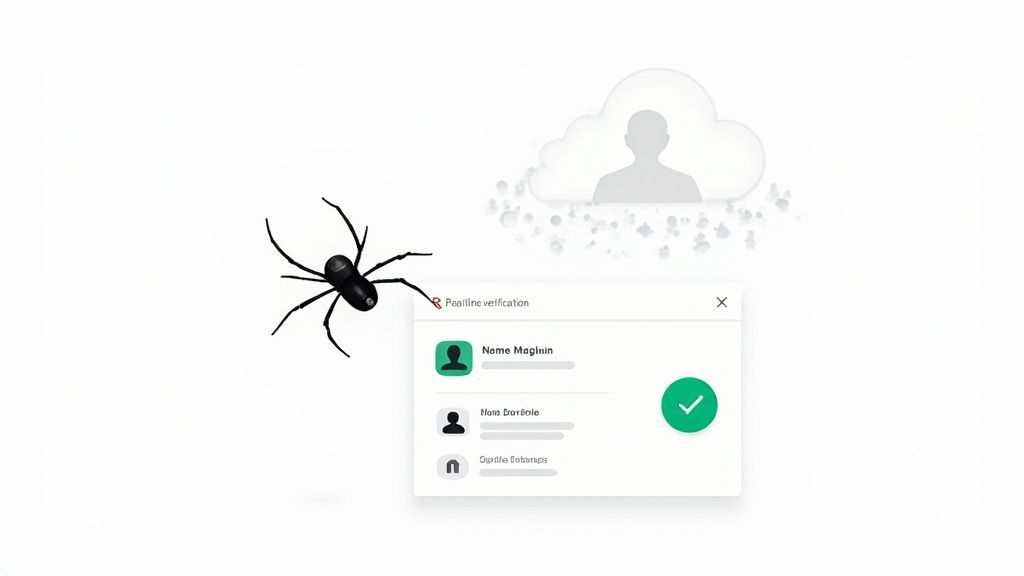 A black spider next to a user verification window with cloud data, indicating data challenges.
