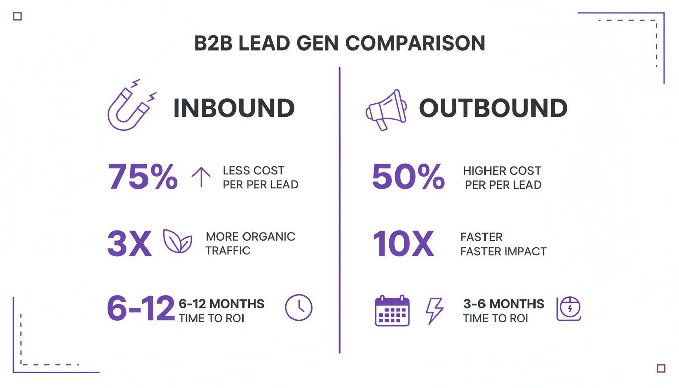 Infographic comparing B2B inbound and outbound lead generation strategies, highlighting costs, traffic, and ROI.