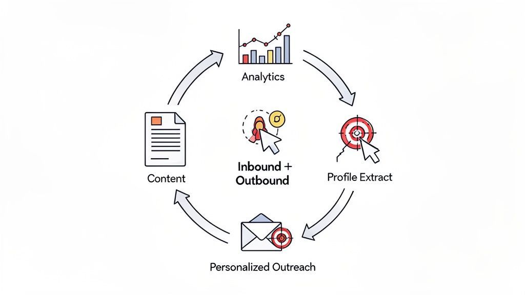 A cyclical diagram illustrating B2B inbound and outbound lead generation, analytics, profile extraction, personalized outreach, and content flow.
