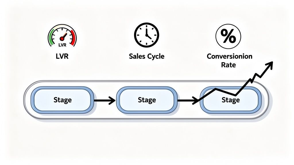 Diagram showing LVR, Sales Cycle, and Conversion Rate metrics above a three-stage process with an upward trend.