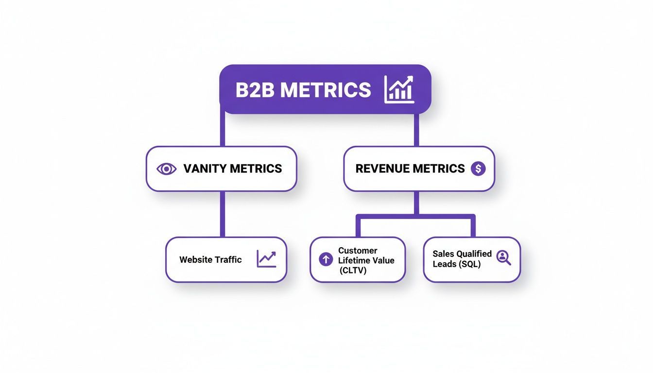 A B2B metrics diagram showing vanity metrics, revenue metrics, website traffic, customer lifetime value (CLTV), and sales qualified leads (SQL).