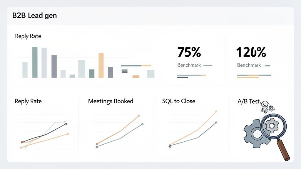 A B2B lead generation dashboard displaying reply rates, booked meetings, SQL to close, and A/B test visuals.
