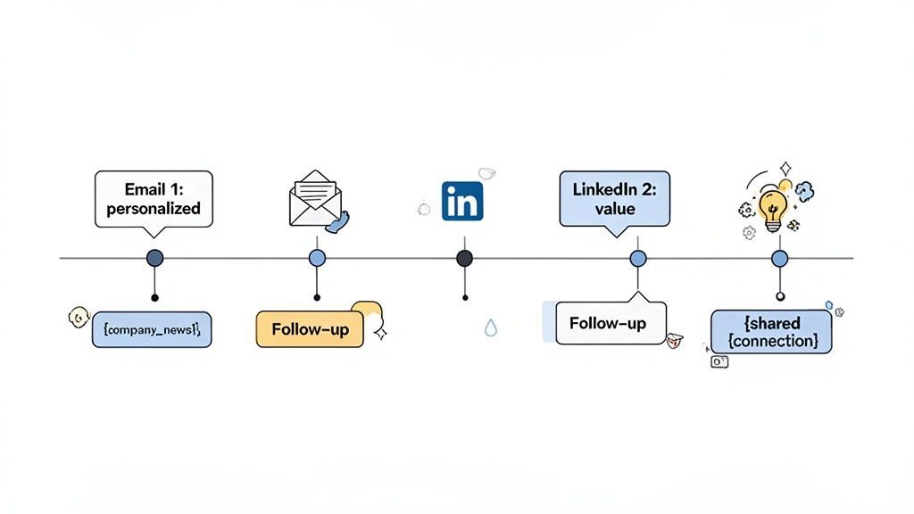 A timeline depicting a B2B lead generation process using personalized emails, LinkedIn outreach, and follow-ups.