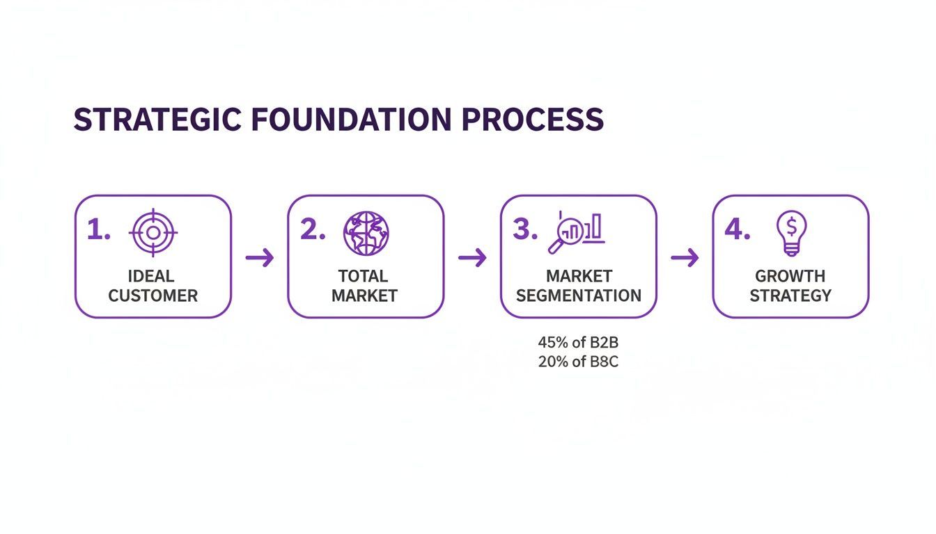 A strategic foundation process diagram illustrating steps for ideal customer, total market, segmentation, and growth strategy.