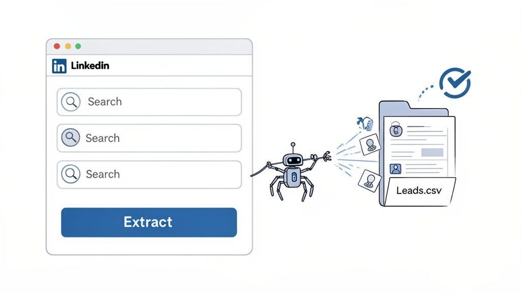 A robot extracts lead data from a LinkedIn search interface into a CSV file.