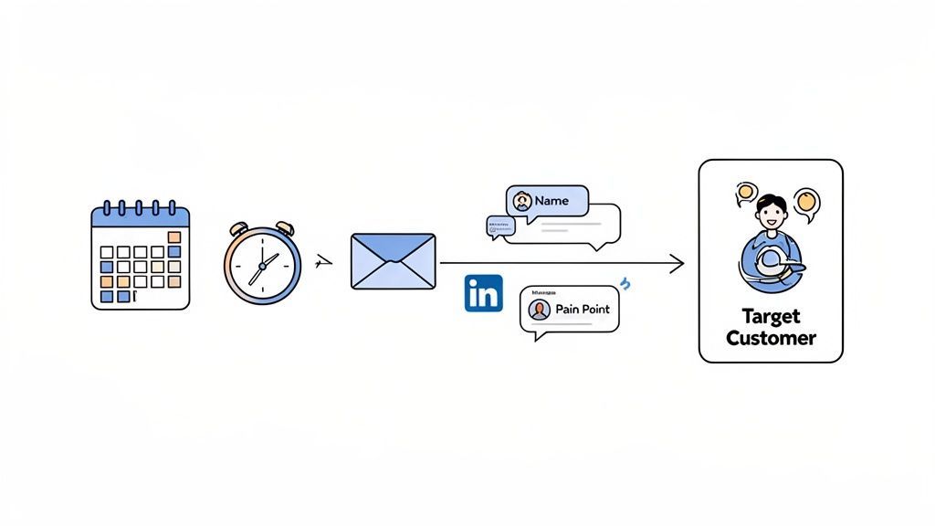 A workflow showing scheduled outreach via email and LinkedIn messages, addressing pain points to reach the target customer.