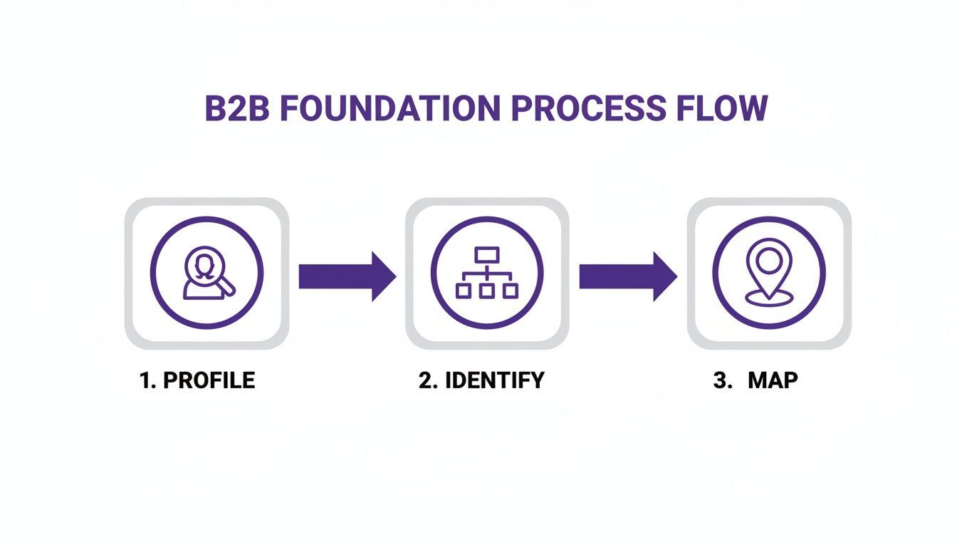 B2B foundation process flow diagram illustrating three steps: profile, identify, and map with icons.