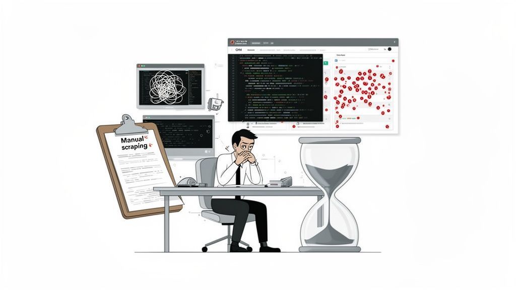 A stressed man at a desk with computer screens showing code and data, an hourglass, and a 'Manual scraping' clipboard.