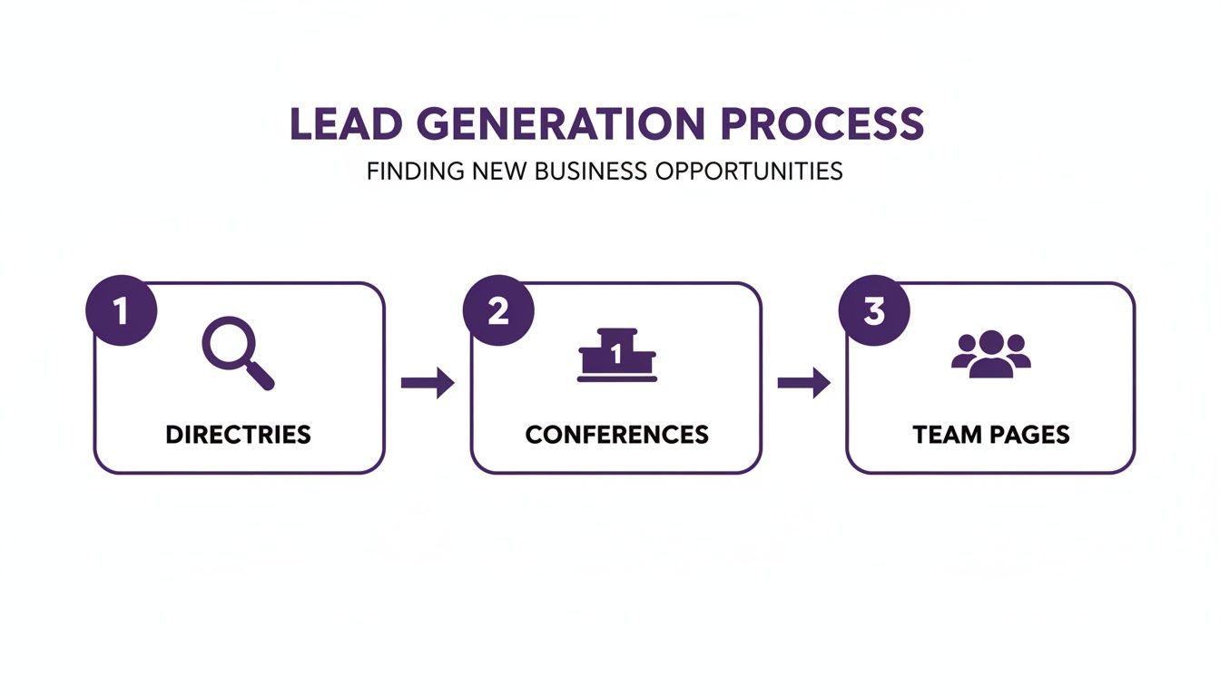 A lead generation process flowchart showing steps: directories, conferences, and team pages.