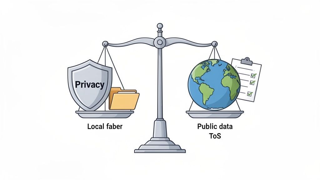 A balancing scale showing privacy and personal data on one side versus public data and terms of service.