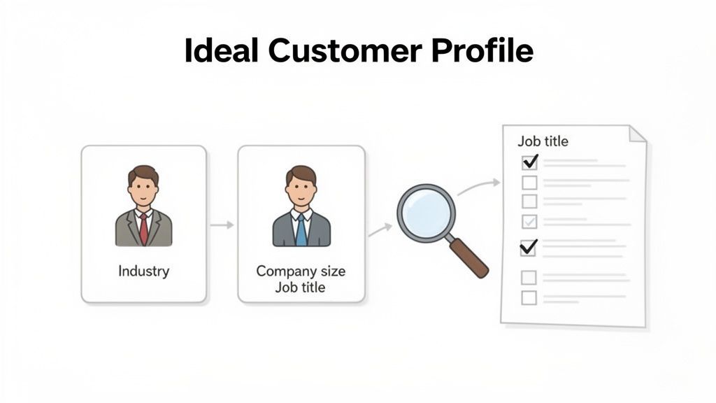 A diagram illustrating the ideal customer profile, showing industry, company size, and job title selection.