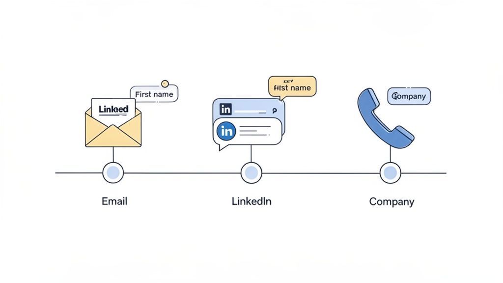 Diagram showing email, LinkedIn, and phone as steps for contact data acquisition in B2B.
