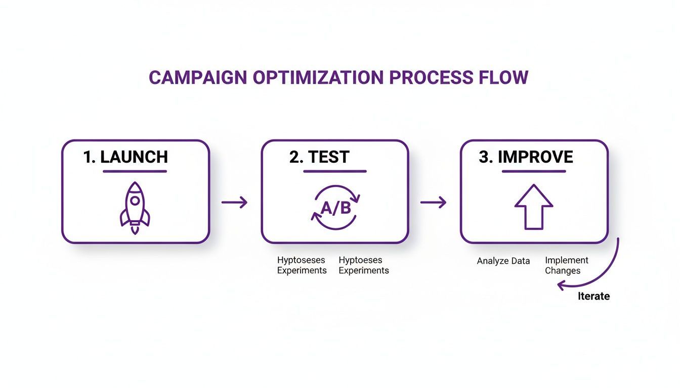 Flowchart depicting a campaign optimization process: Launch, A/B Test, Analyze, and Iterate for improvement.
