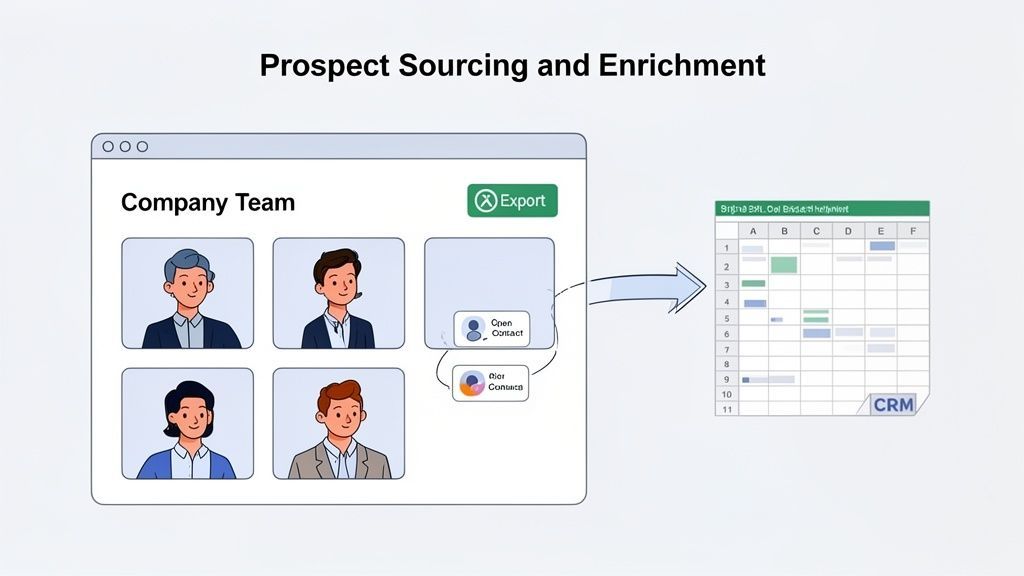 A diagram illustrating prospect sourcing and enrichment, showing company team profiles being exported to a CRM spreadsheet.