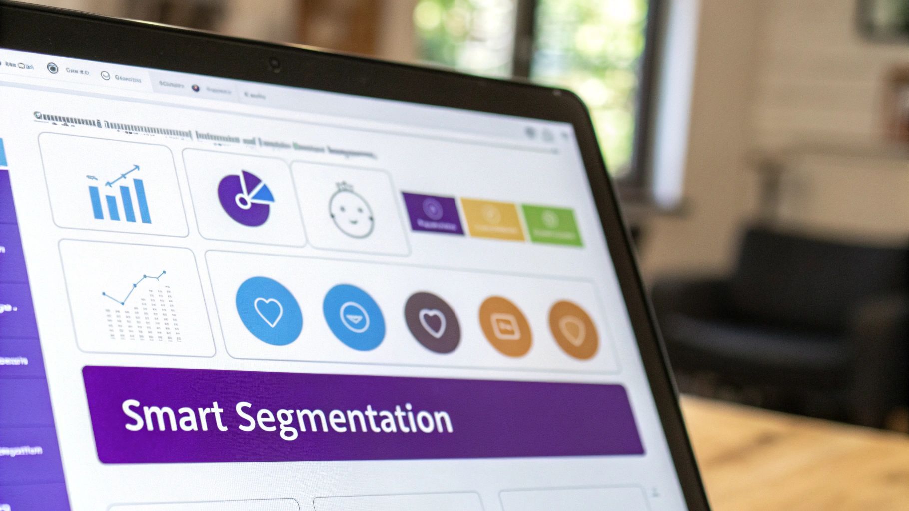 A marketing professional analyzing a segmented contact list on a vibrant dashboard, showcasing different audience groups.