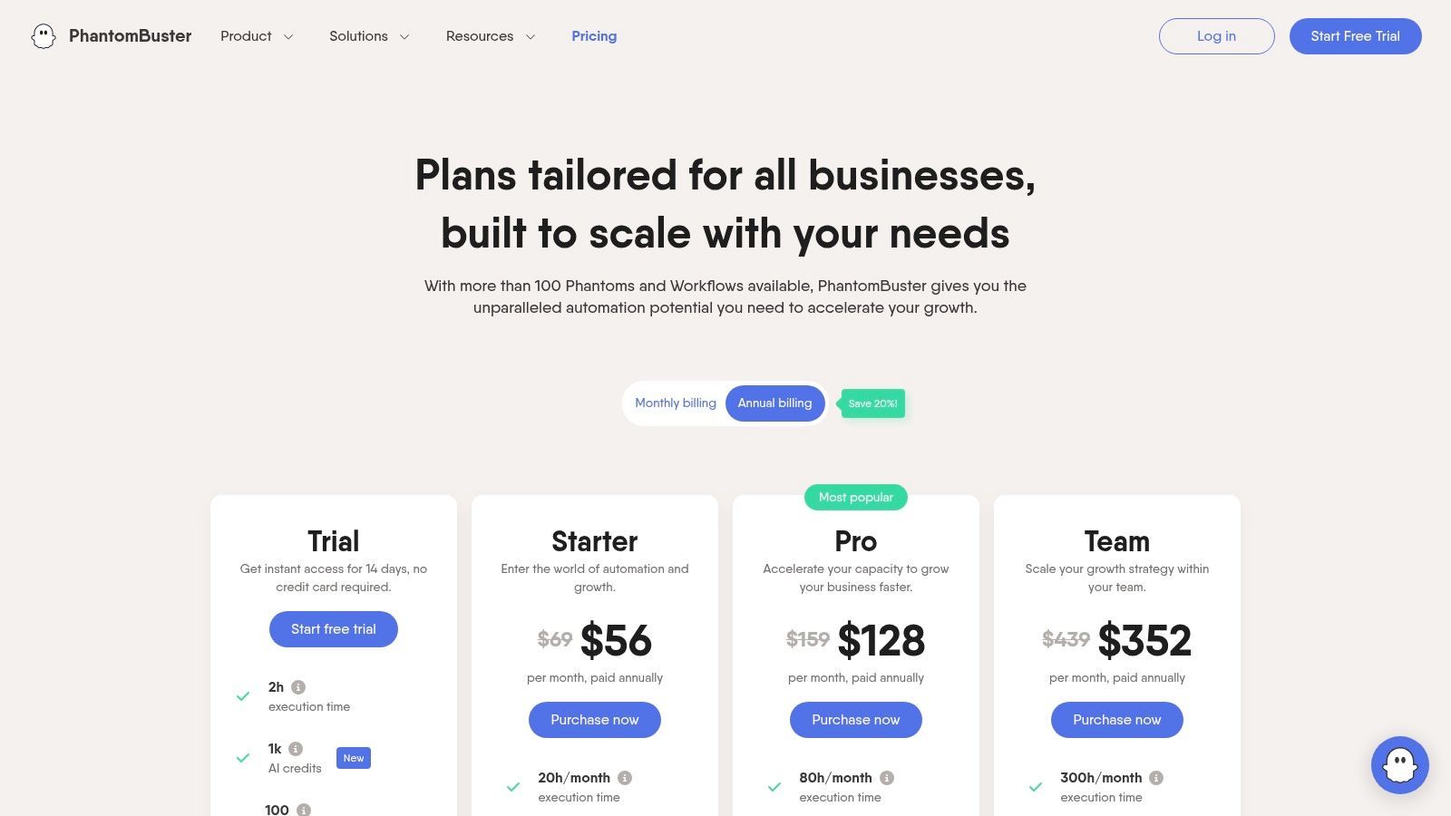 PhantomBuster pricing plans showing different tiers