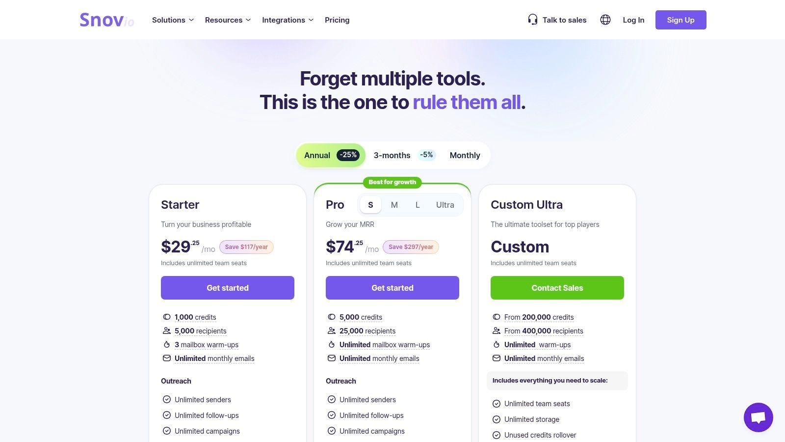 Snov.io pricing plans showing different tiers