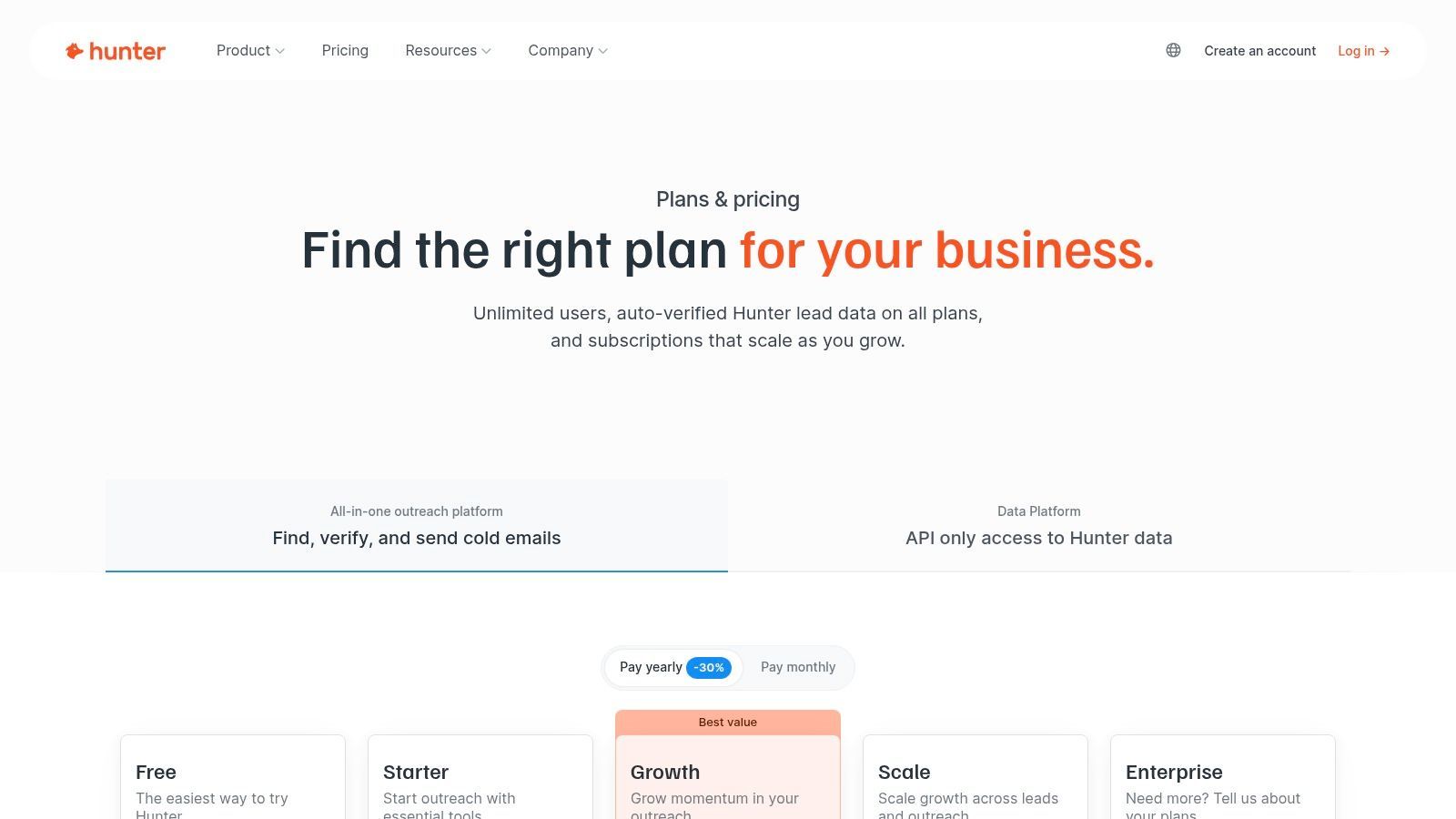 Hunter.io pricing plans showing different tiers