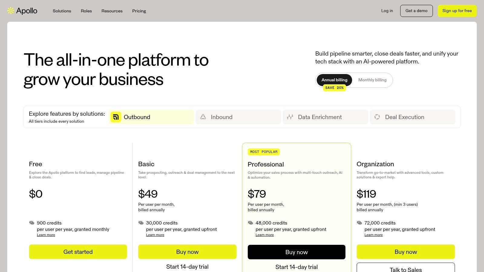 Apollo.io pricing plans showing different tiers