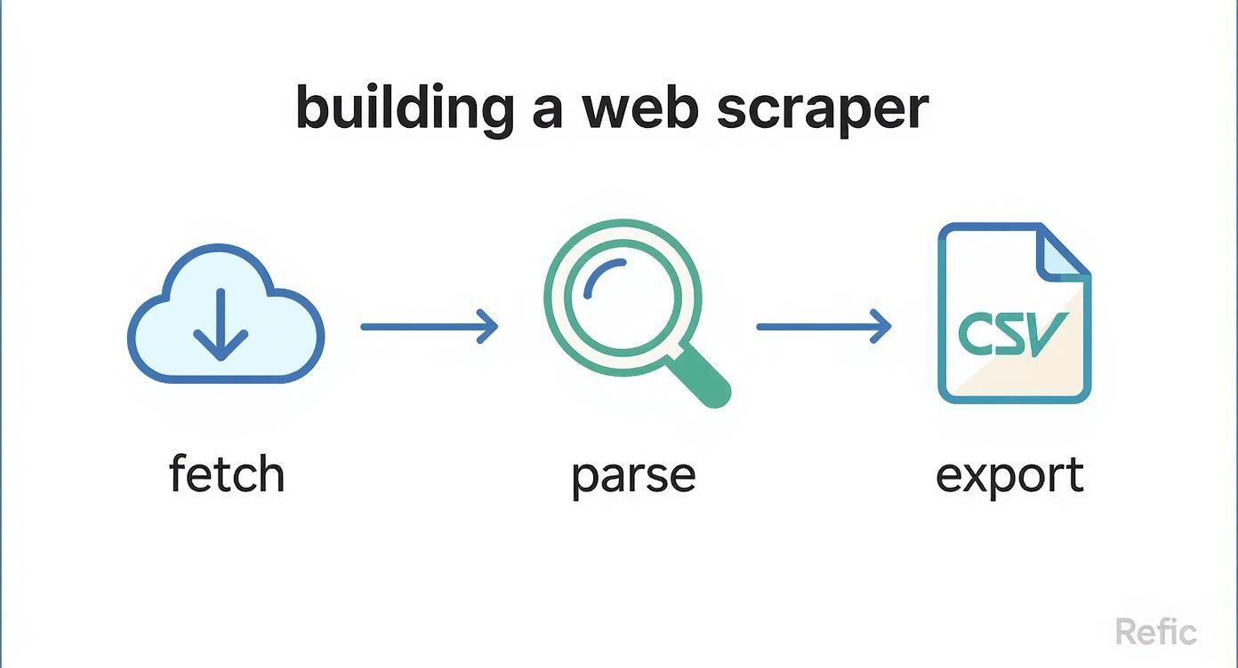 Infographic about how to build a simple web scraper with python & export to csv