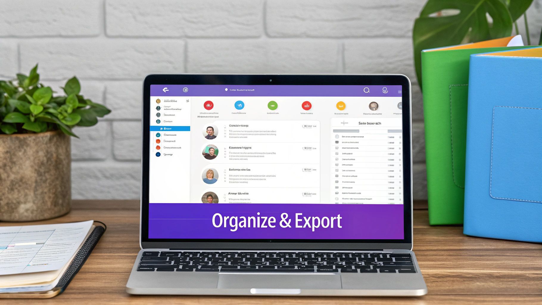 A user interface showing contacts being organized into custom lists and prepared for export, highlighting ProfileSpider's management features.